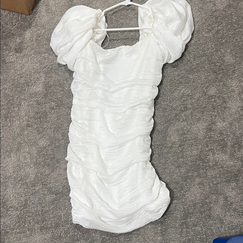 Crescent White Ruched Mini Dress